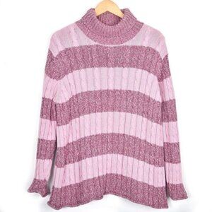 Vintage Cotton Ginny Plus Pink  Rose Striped Cable Knit Turtleneck Medium